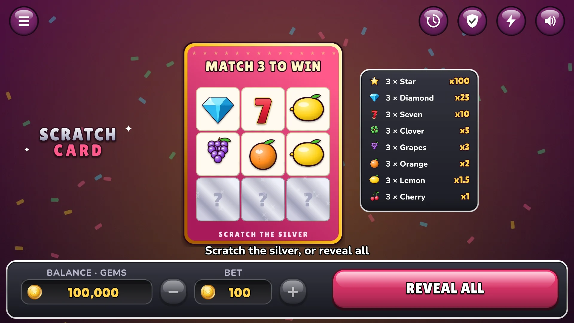 Scratch the silver with the coin to see the symbols