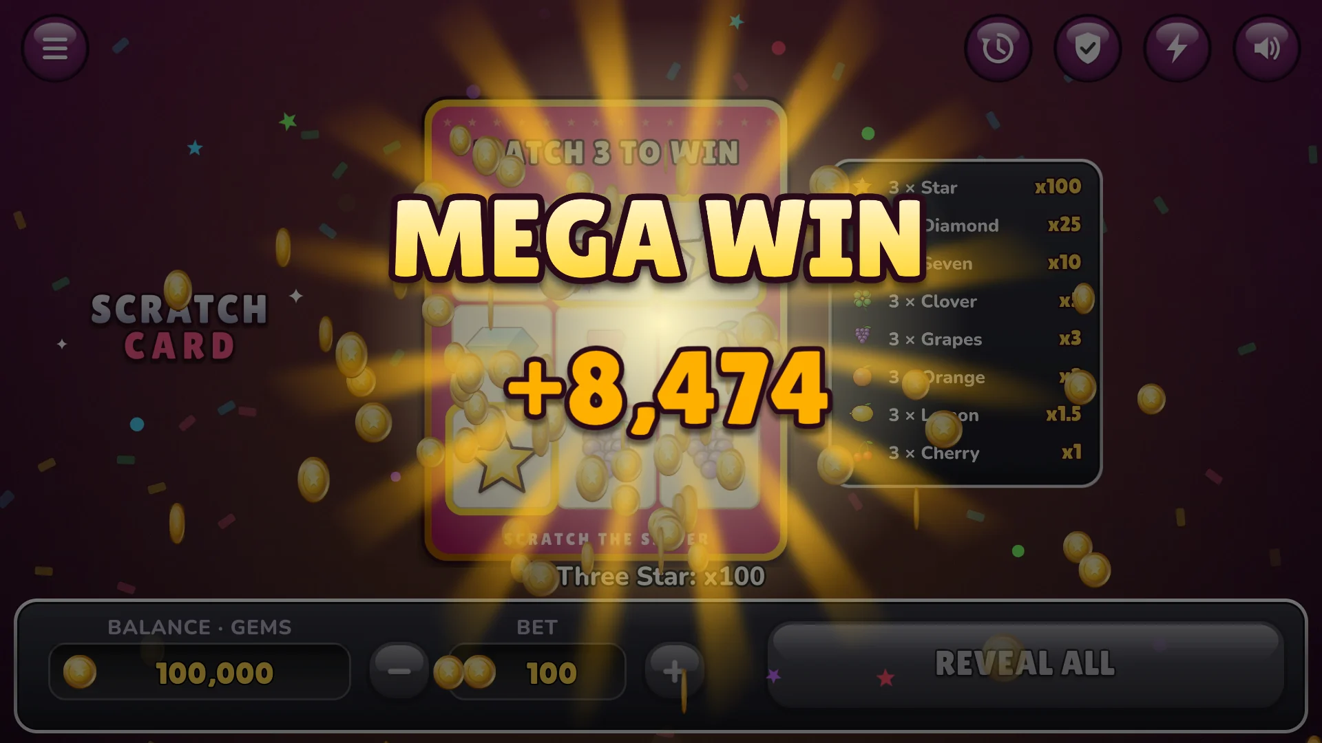 Three stars pay a hundred times the bet